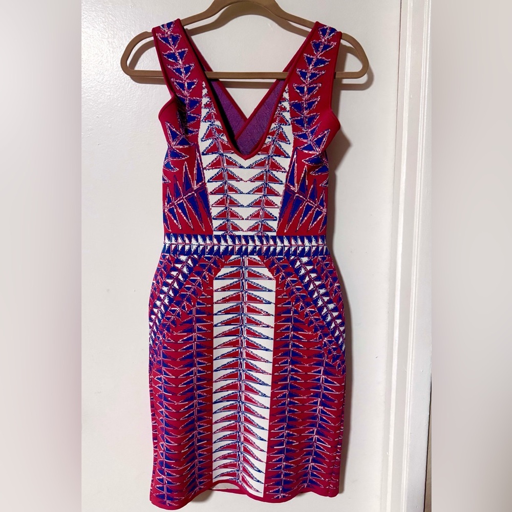 BCBGMaxAzria Red and Blue Patterned Mini Dress
